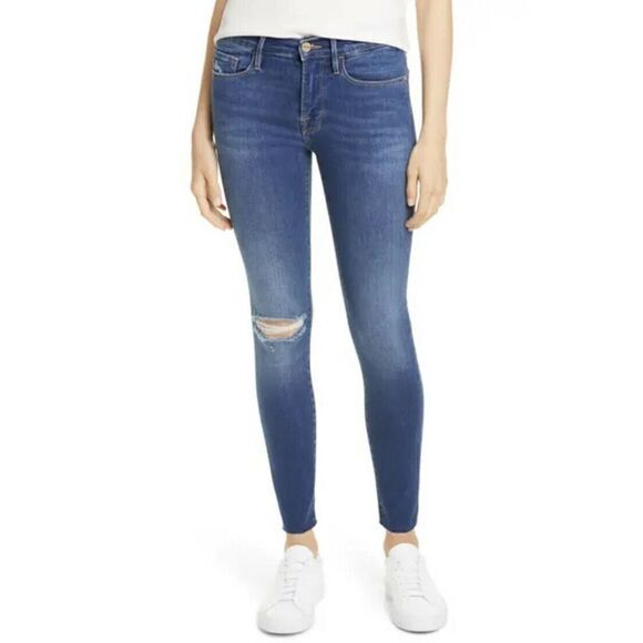 FRAME Le Raw Edge Ripped Crop Skinny Jeans In Washington Square Sz 26 $200 - Picture 1 of 9